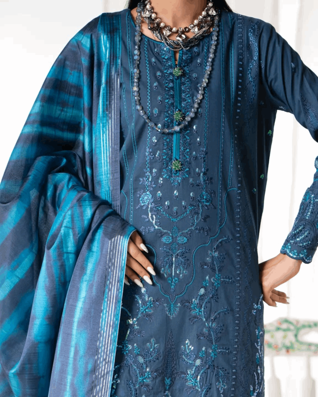 Shop Blue Ethnic Set with Matching Dupatta by Malbusaat, versatile Pakistani Dresses at Malbusaat. Ready-made desi suits, Pakistani designer dresses online UK.