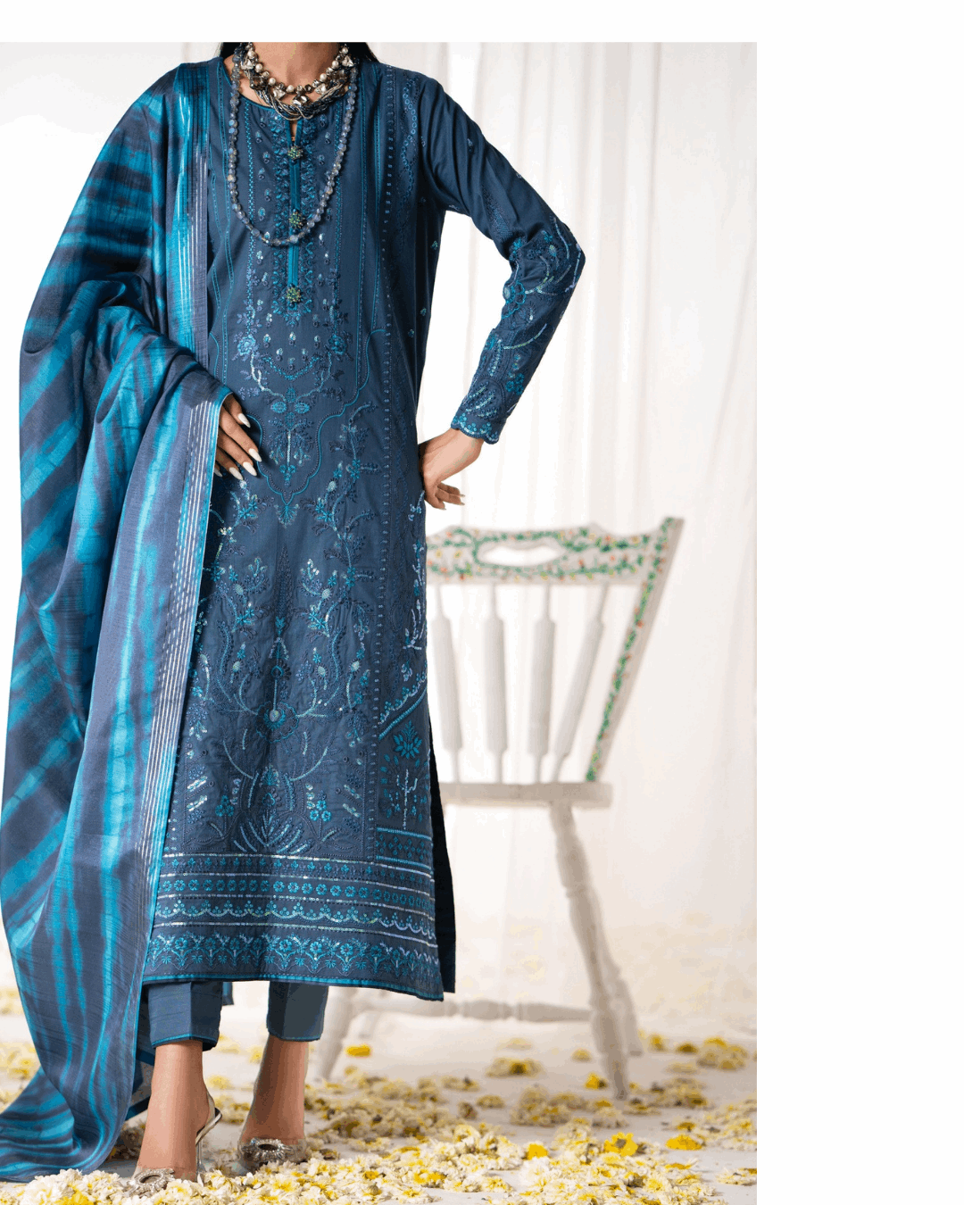 Shop Blue Ethnic Set with Matching Dupatta by Malbusaat, versatile Pakistani Dresses at Malbusaat. Ready-made desi suits, Pakistani designer dresses online UK.