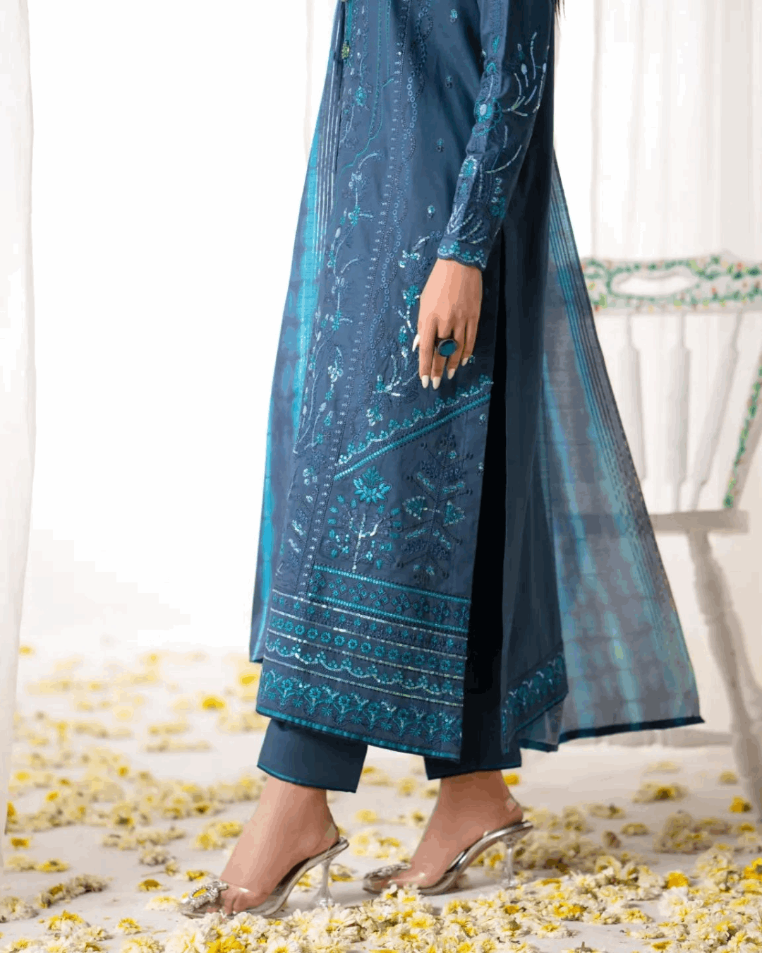 Shop Blue Ethnic Set with Matching Dupatta by Malbusaat, versatile Pakistani Dresses at Malbusaat. Ready-made desi suits, Pakistani designer dresses online UK.