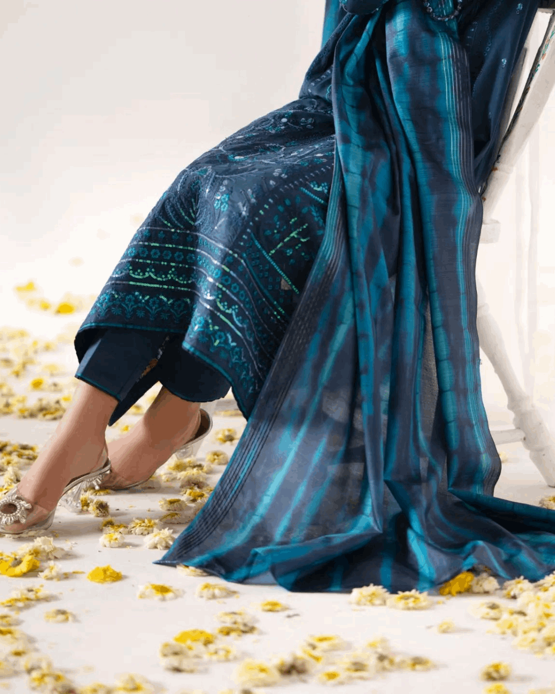 Shop Blue Ethnic Set with Matching Dupatta by Malbusaat, versatile Pakistani Dresses at Malbusaat. Ready-made desi suits, Pakistani designer dresses online UK.