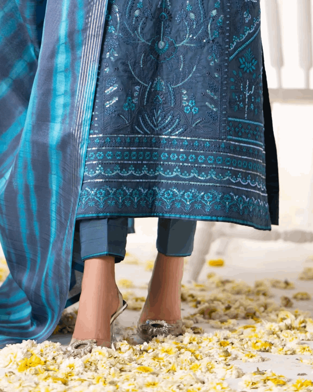 Shop Blue Ethnic Set with Matching Dupatta by Malbusaat, versatile Pakistani Dresses at Malbusaat. Ready-made desi suits, Pakistani designer dresses online UK.