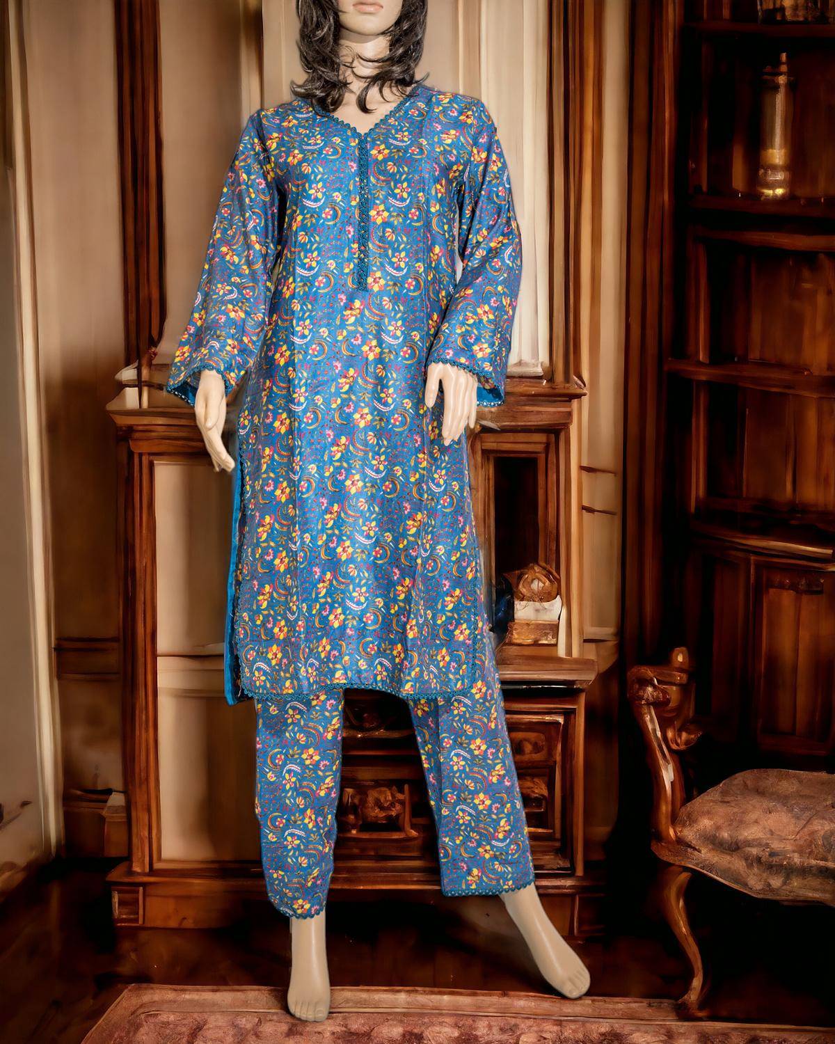 Shop Blue Two-Piece Dress Set by Malbusaat, versatile Pakistani Dress at Malbusaat. Ready-made desi suits, Pakistani designer dresses online UK.