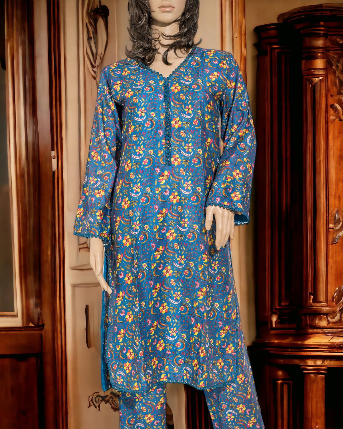 Shop Blue Two-Piece Dress Set by Malbusaat, versatile Pakistani Dress at Malbusaat. Ready-made desi suits, Pakistani designer dresses online UK.