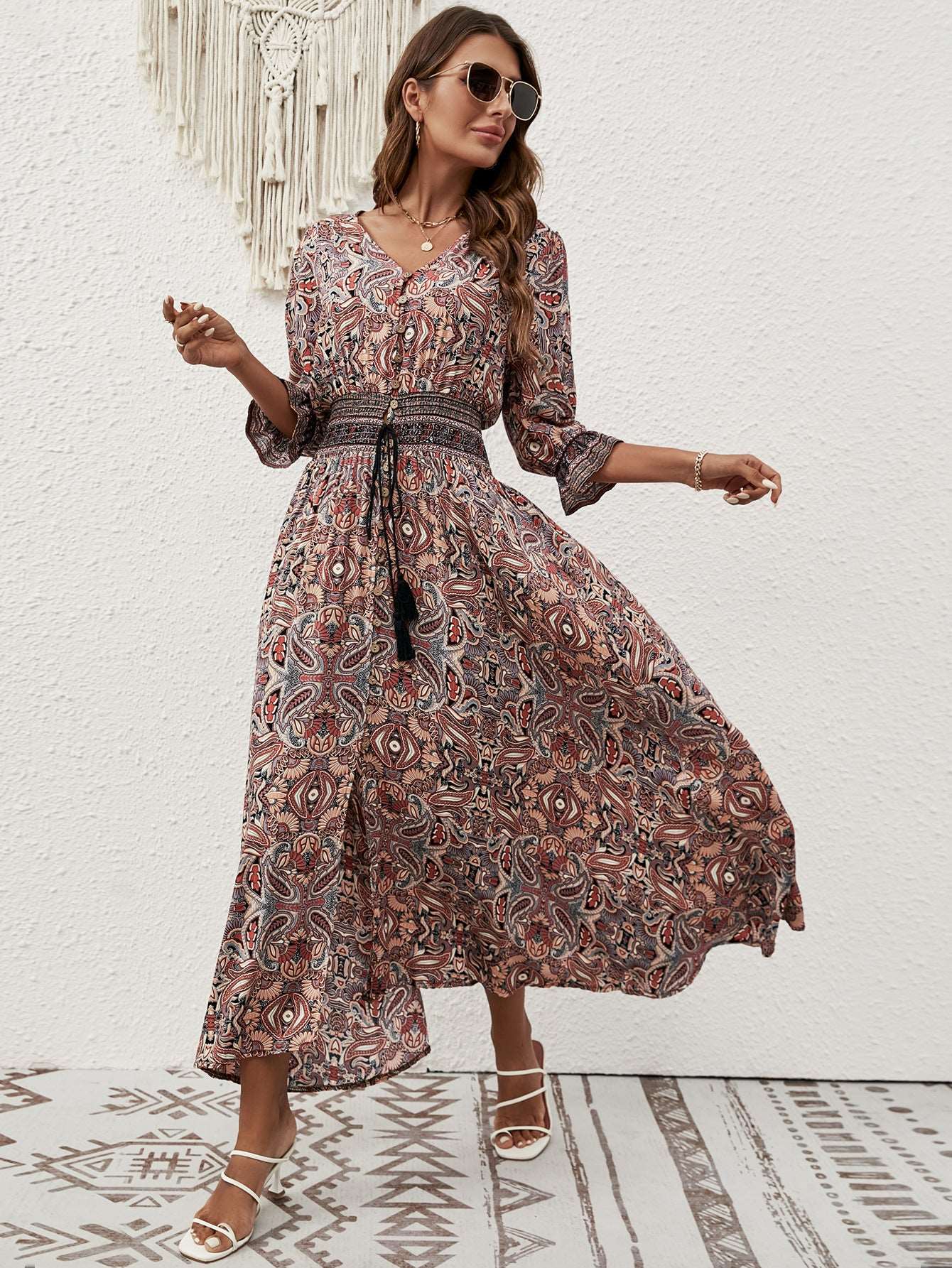 Shop Bohemian Paisley Rayon Lantern Sleeves Maxi Dress by Malbusaat, versatile  at Malbusaat. Ready-made desi suits, Pakistani designer dresses online UK.