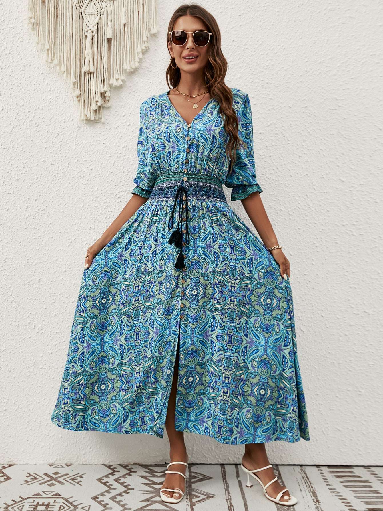 Shop Bohemian Paisley Rayon Lantern Sleeves Maxi Dress by Malbusaat, versatile  at Malbusaat. Ready-made desi suits, Pakistani designer dresses online UK.