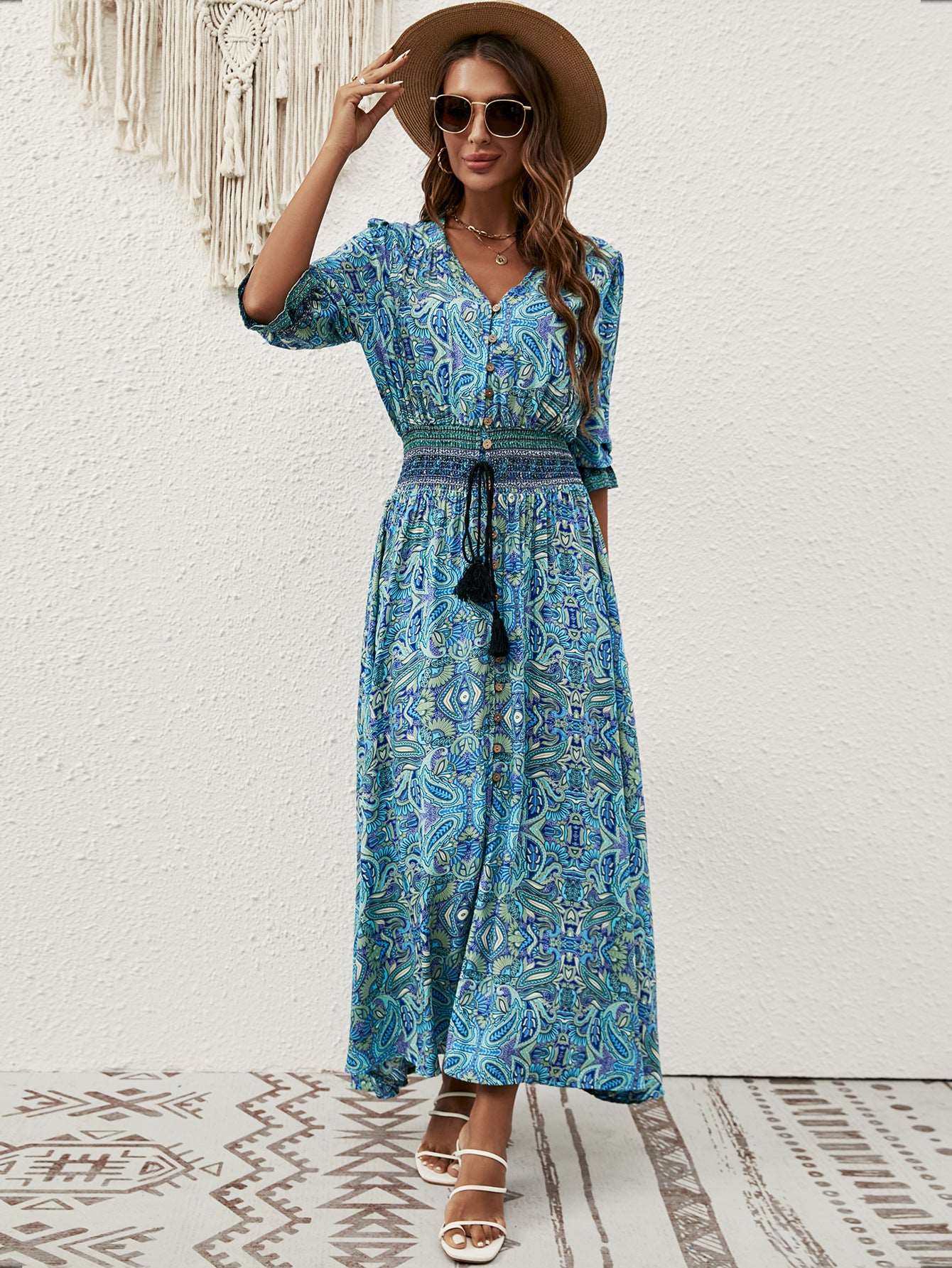 Bohemian Paisley Rayon Lantern Sleeves Maxi Dress in - by Malbusaat