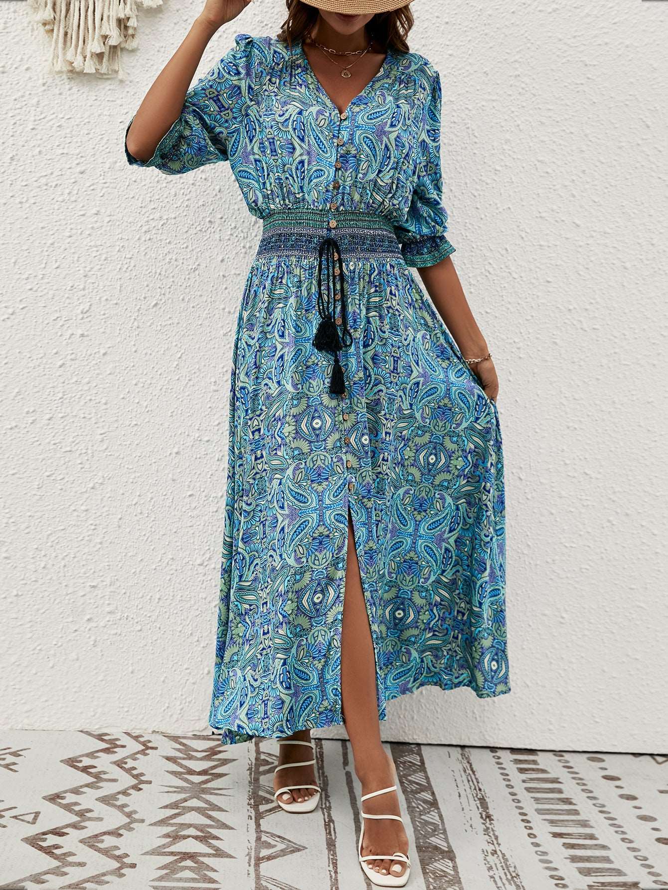 Bohemian Paisley Rayon Lantern Sleeves Maxi Dress in - by Malbusaat