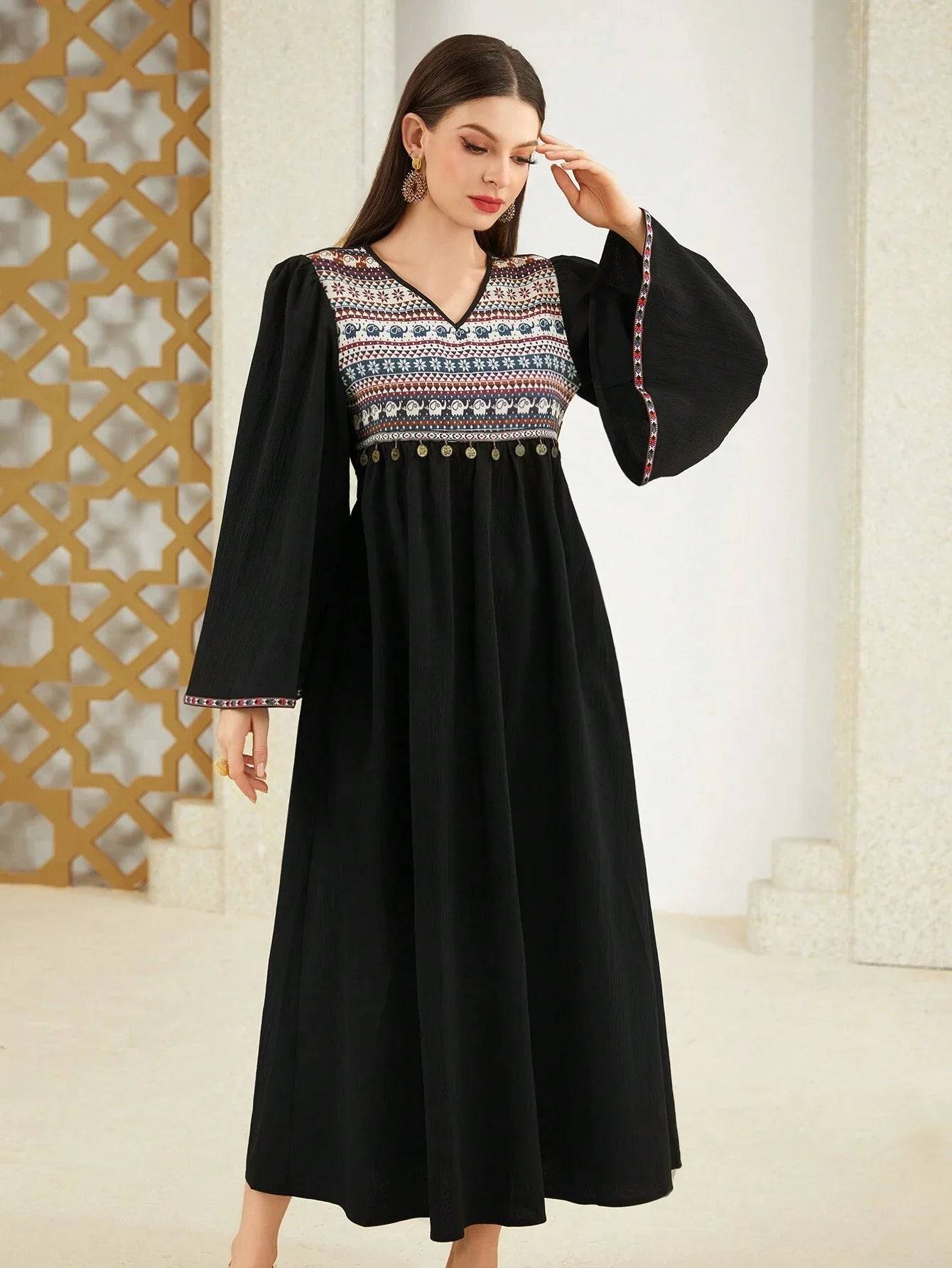 Shop Boho Geometric Tribal Embroidered Black Maxi Dress by Malbusaat, versatile Maxi Dress at Malbusaat. Ready-made desi suits, Pakistani designer dresses online UK.