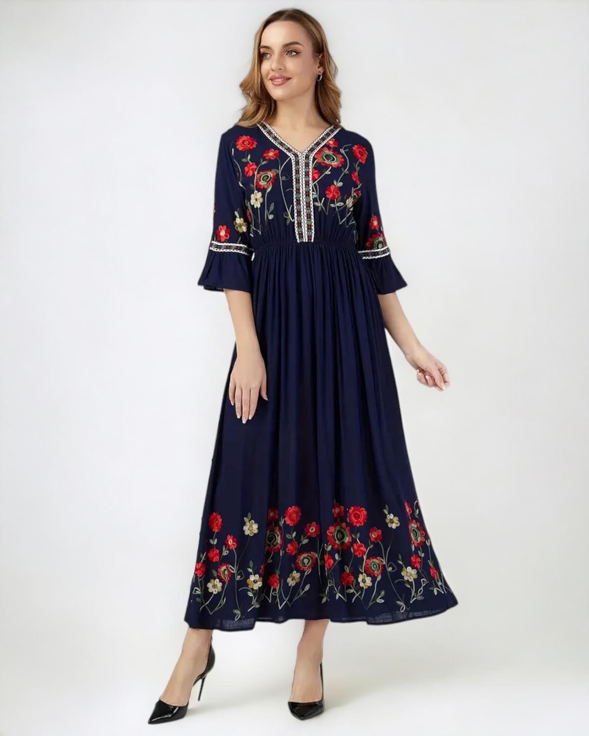 Shop Boho V Neck Ruched Floral Maxi by Malbusaat, versatile Maxi Dress at Malbusaat. Ready-made desi suits, Pakistani designer dresses online UK.