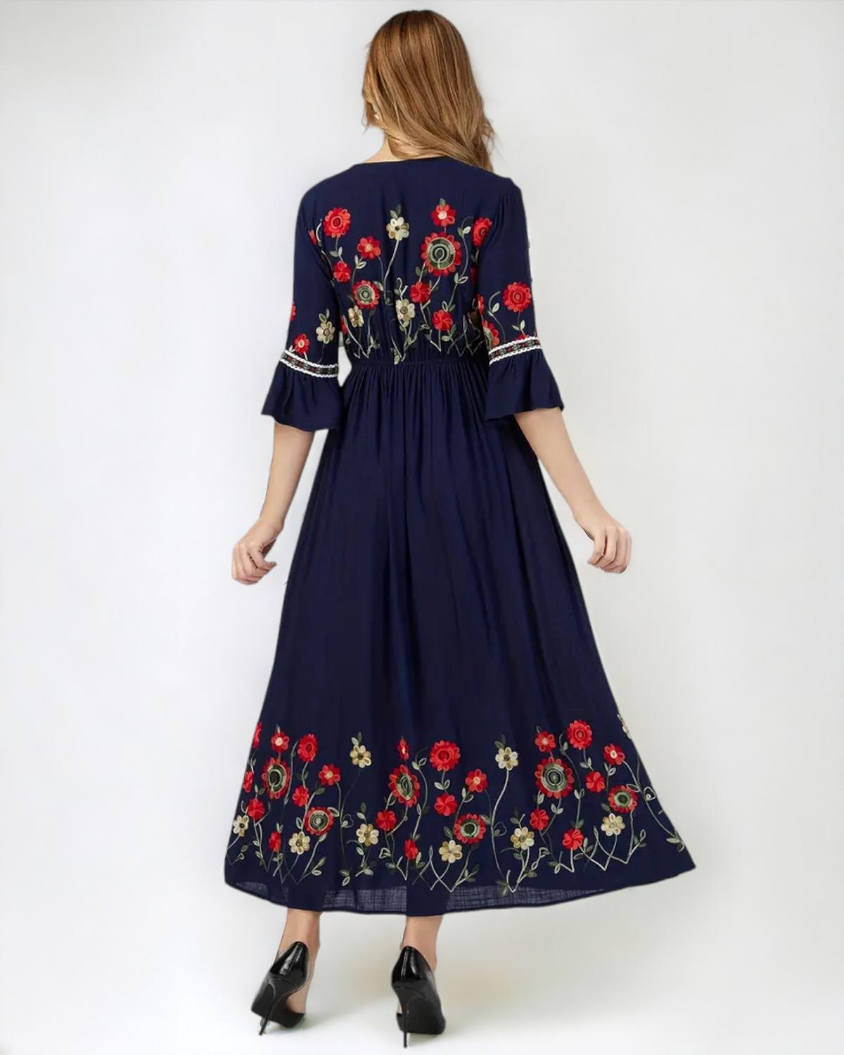 Shop Boho V Neck Ruched Floral Maxi by Malbusaat, versatile Maxi Dress at Malbusaat. Ready-made desi suits, Pakistani designer dresses online UK.