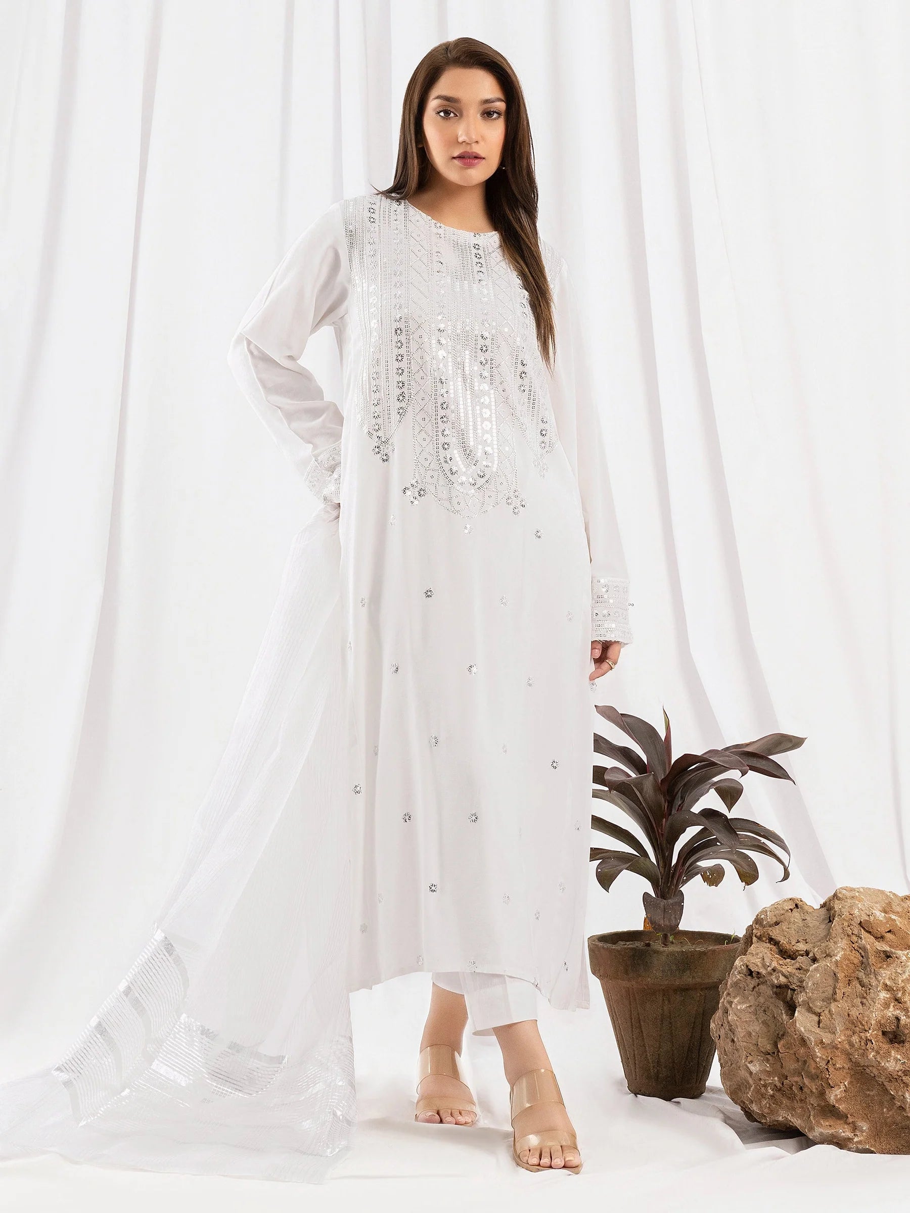 White 2 Piece Suit-Embroidered (Pret) Pakistani RTW 2 PCS RTW 2 Piece malbusaat.co.uk