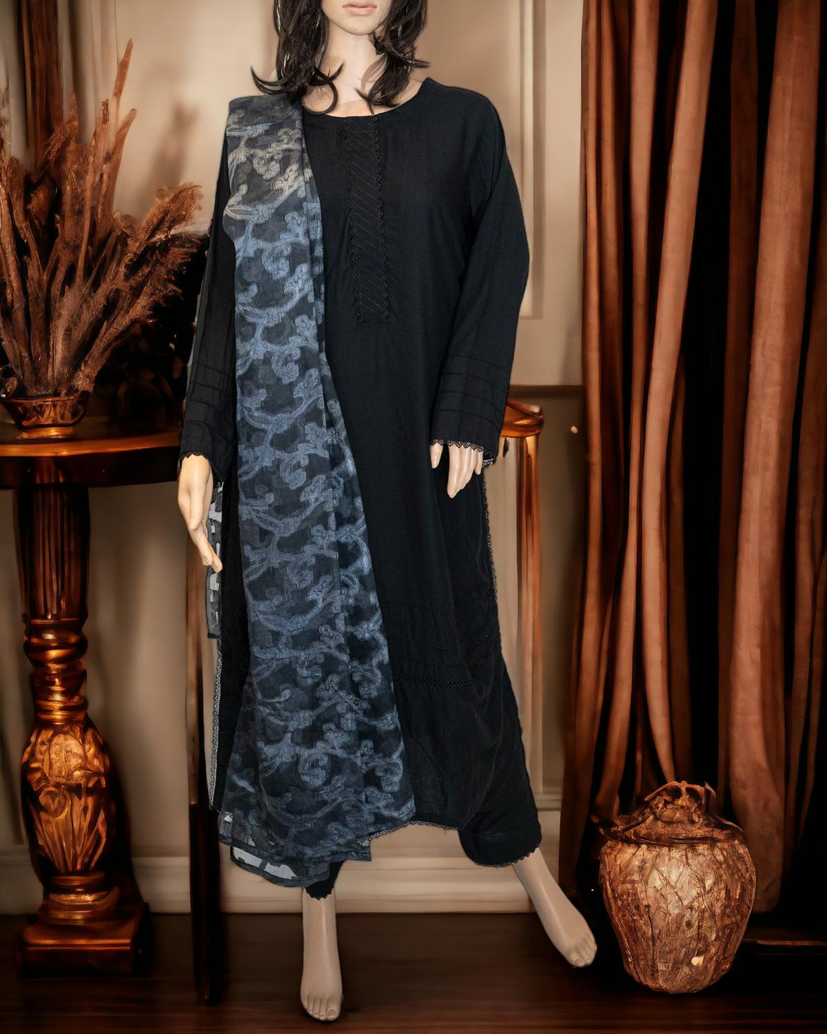 Shop Classic Black With Printed Dupatta by Malbusaat, versatile Pakistani Dress at Malbusaat. Ready-made desi suits, Pakistani designer dresses online UK.