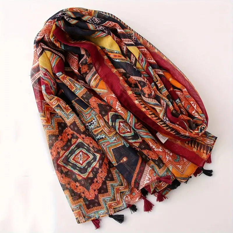 Shop Colorful Boho Printed Scarf with Tassel Shawl by Malbusaat, versatile Scarves at Malbusaat. Ready-made desi suits, Pakistani designer dresses online UK.