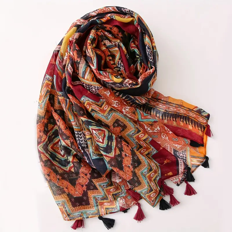 Colorful Boho Printed Scarf with Tassel Shawl in - Scarves by Malbusaat