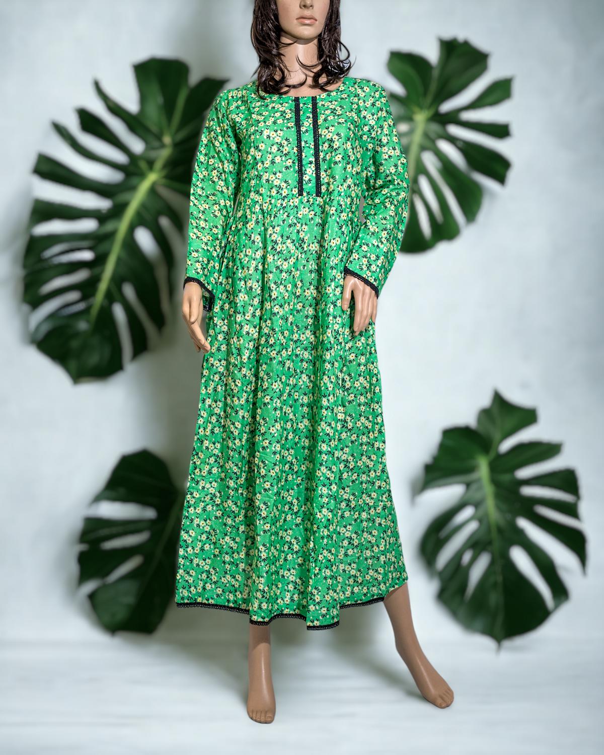 Shop Cotton Floral Print Maxi - Green by Malbusaat, versatile Maxi Dress at Malbusaat. Ready-made desi suits, Pakistani designer dresses online UK.