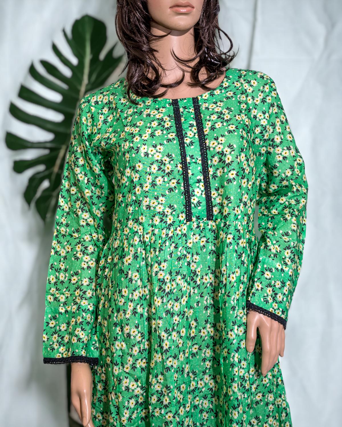 Shop Cotton Floral Print Maxi - Green by Malbusaat, versatile Maxi Dress at Malbusaat. Ready-made desi suits, Pakistani designer dresses online UK.