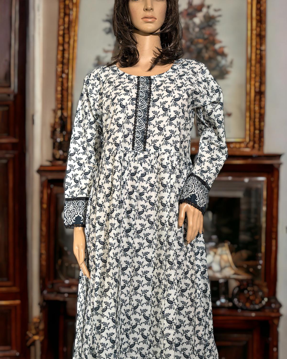 Shop Cotton Floral Print Maxi - White by Malbusaat, versatile Maxi Dress at Malbusaat. Ready-made desi suits, Pakistani designer dresses online UK.