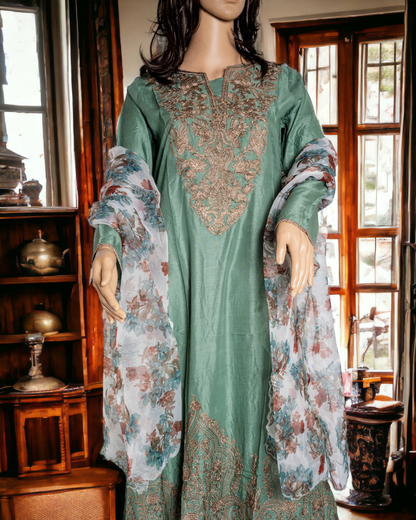 Shop EMBROIDERED LINEN DRESS WITH ORGANZA DUPATTA by Malbusaat, versatile Pakistani Dress at Malbusaat. Ready-made desi suits, Pakistani designer dresses online UK.