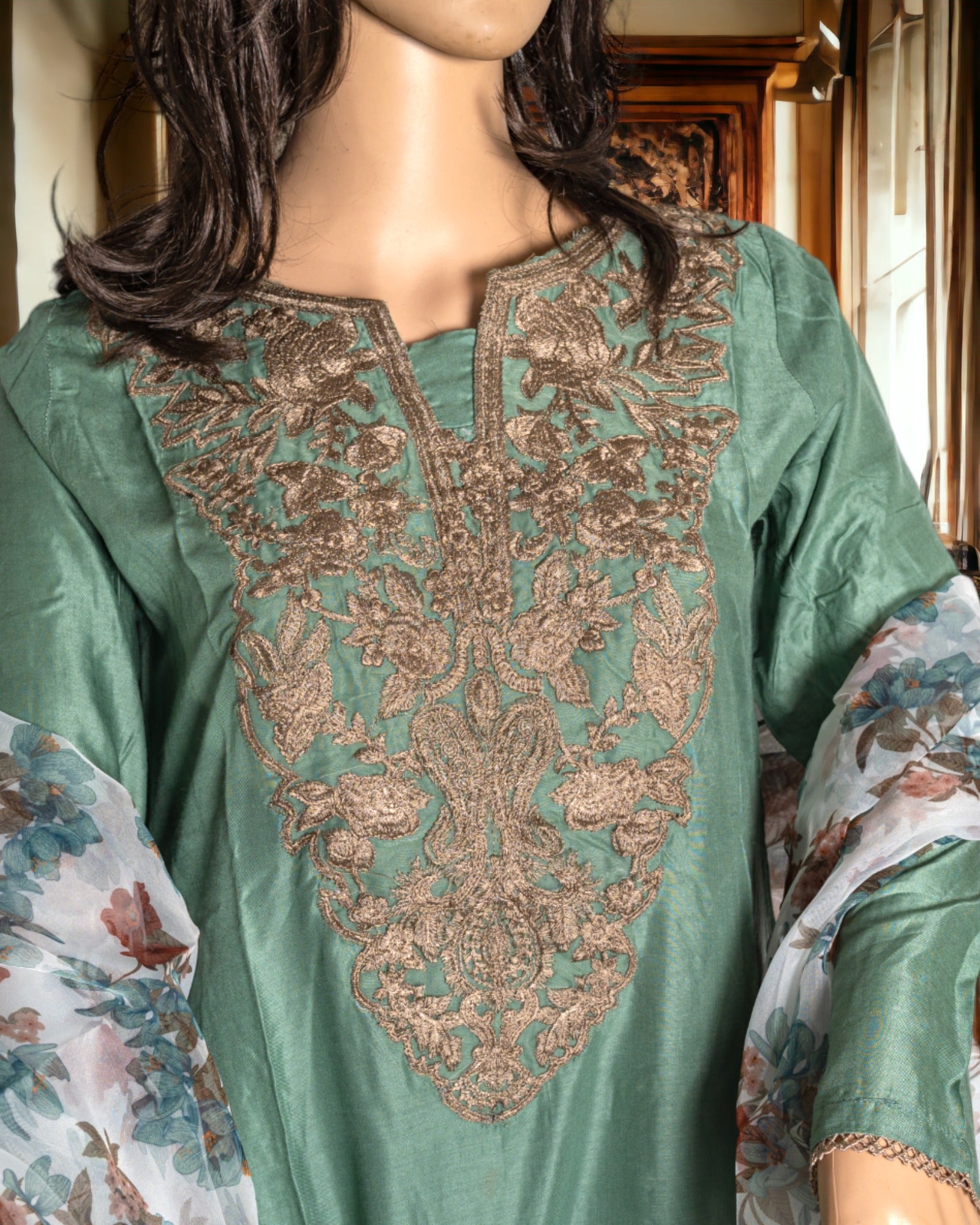 Shop EMBROIDERED LINEN DRESS WITH ORGANZA DUPATTA by Malbusaat, versatile Pakistani Dress at Malbusaat. Ready-made desi suits, Pakistani designer dresses online UK.