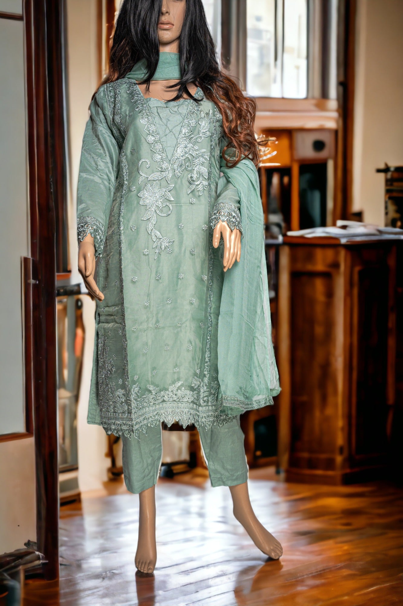 Shop EMBROIDERED SEMI-ORGANZA FORMAL DRESS by Malbusaat, versatile Pakistani Dress at Malbusaat. Ready-made desi suits, Pakistani designer dresses online UK.