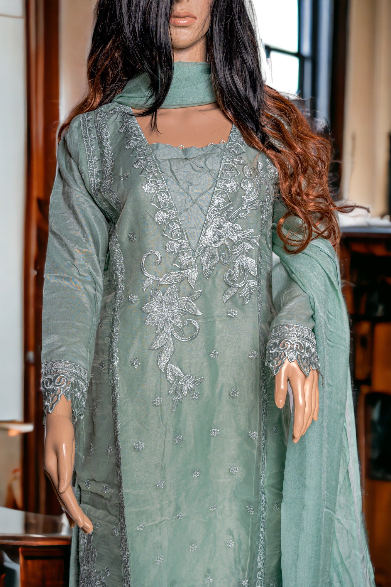 Shop EMBROIDERED SEMI-ORGANZA FORMAL DRESS by Malbusaat, versatile Pakistani Dress at Malbusaat. Ready-made desi suits, Pakistani designer dresses online UK.