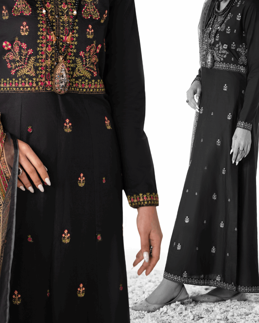 Shop Elegant Black Traditional Suit with Floral Detailing by Malbusaat, versatile Pakistani Dresses at Malbusaat. Ready-made desi suits, Pakistani designer dresses online UK.