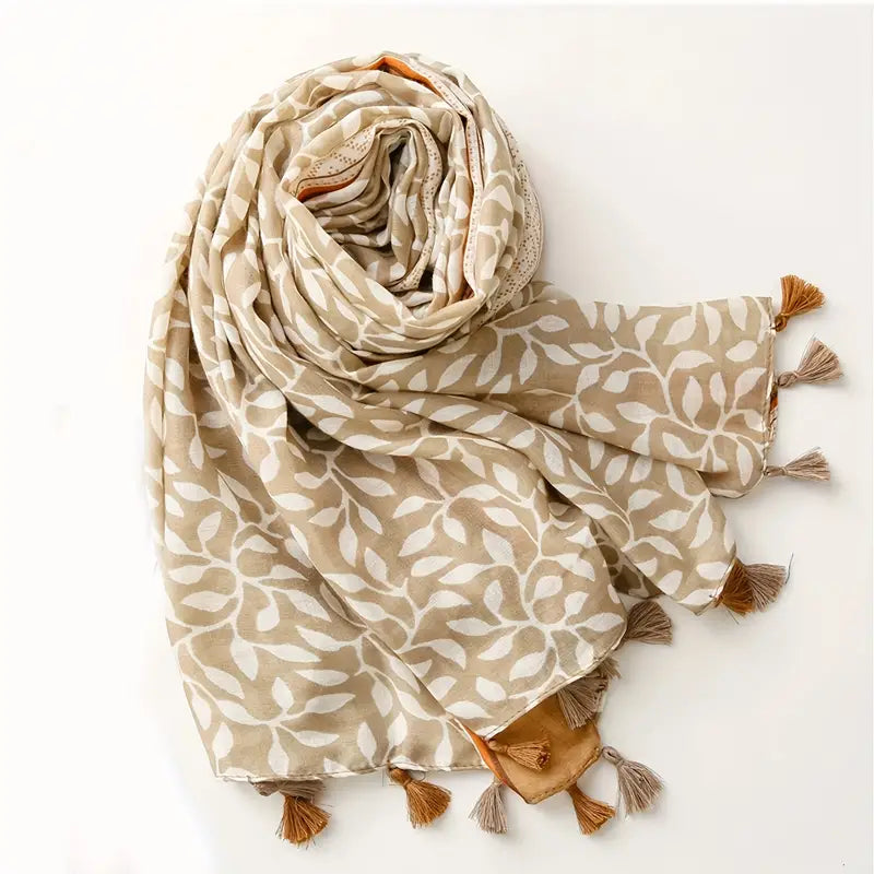 Elegant Floral Print Khaki Scarf with Tassel in - Scarves by Malbusaat