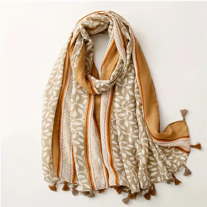 Elegant Floral Print Khaki Scarf with Tassel in - Scarves by Malbusaat