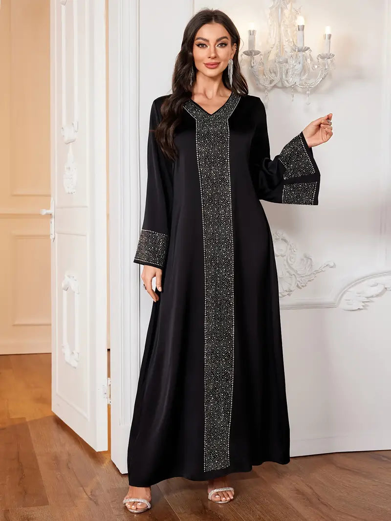 Elegant Modest Dress with Rhinestone V-Neck in - by Malbusaat