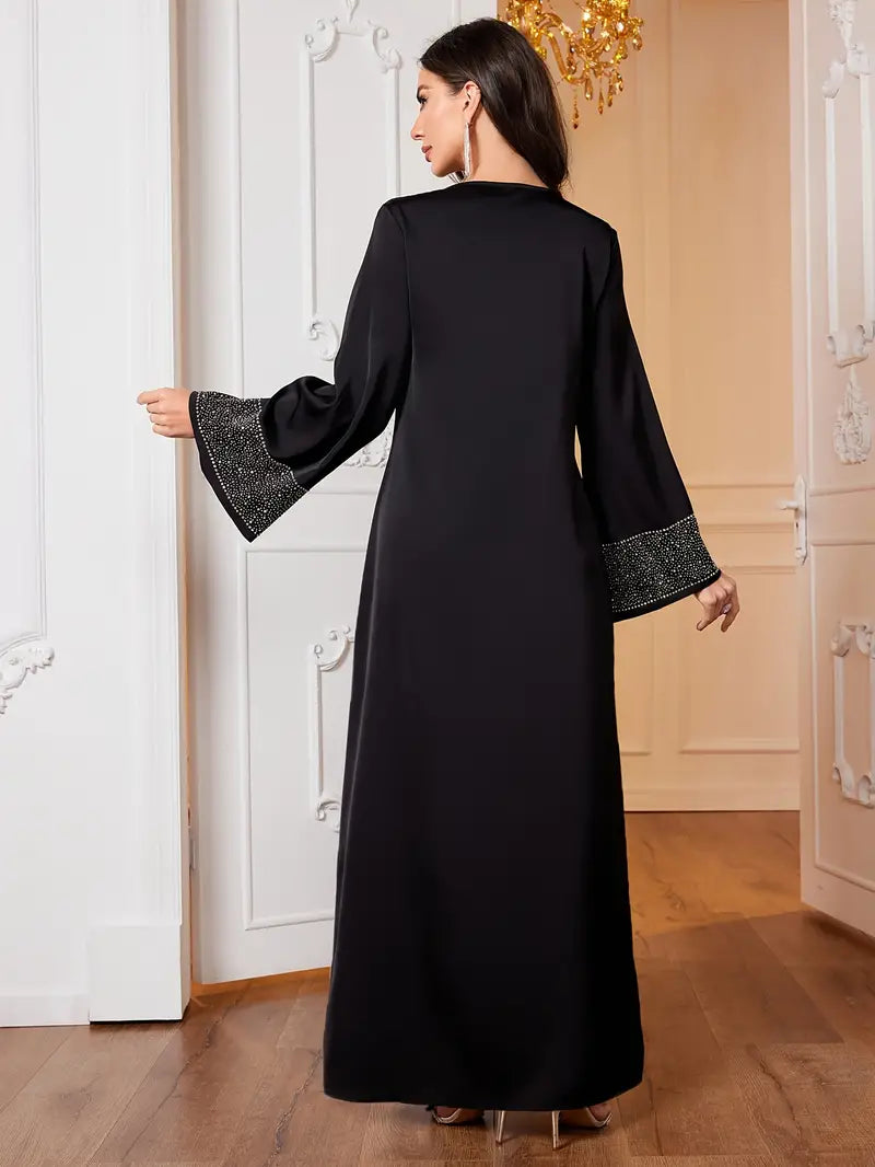 Elegant Modest Dress with Rhinestone V-Neck in - by Malbusaat