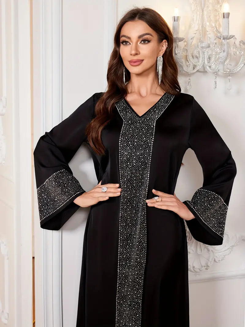 Shop Elegant Modest Dress with Rhinestone V-Neck by Malbusaat, versatile  at Malbusaat. Ready-made desi suits, Pakistani designer dresses online UK.