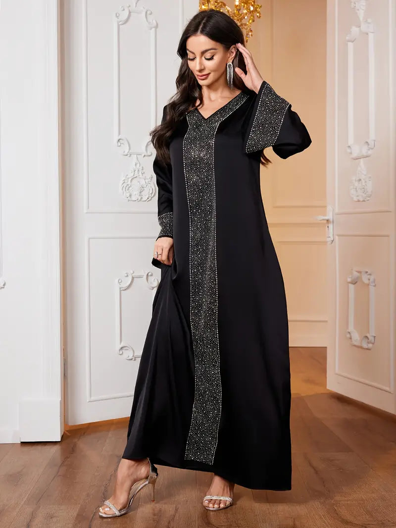 Shop Elegant Modest Dress with Rhinestone V-Neck by Malbusaat, versatile  at Malbusaat. Ready-made desi suits, Pakistani designer dresses online UK.