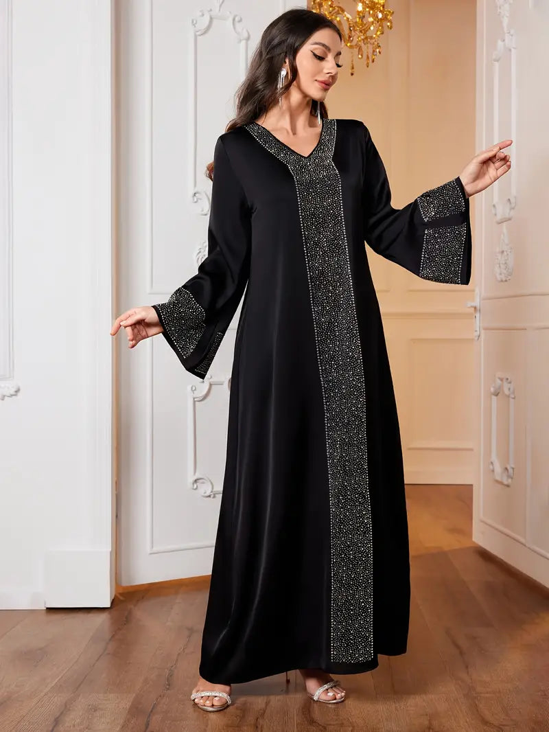 Elegant Modest Dress with Rhinestone V-Neck in - by Malbusaat