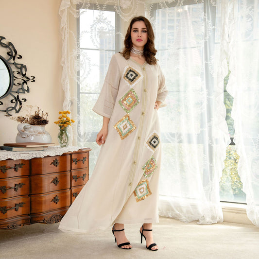 Shop Elegant Muslim Cotton Linen Sequin Embroidery Maxi Dress by Malbusaat, versatile  at Malbusaat. Ready-made desi suits, Pakistani designer dresses online UK.