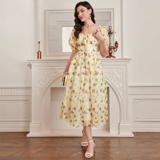 Elegant Puff Sleeve High Waist Dress in - by Malbusaat