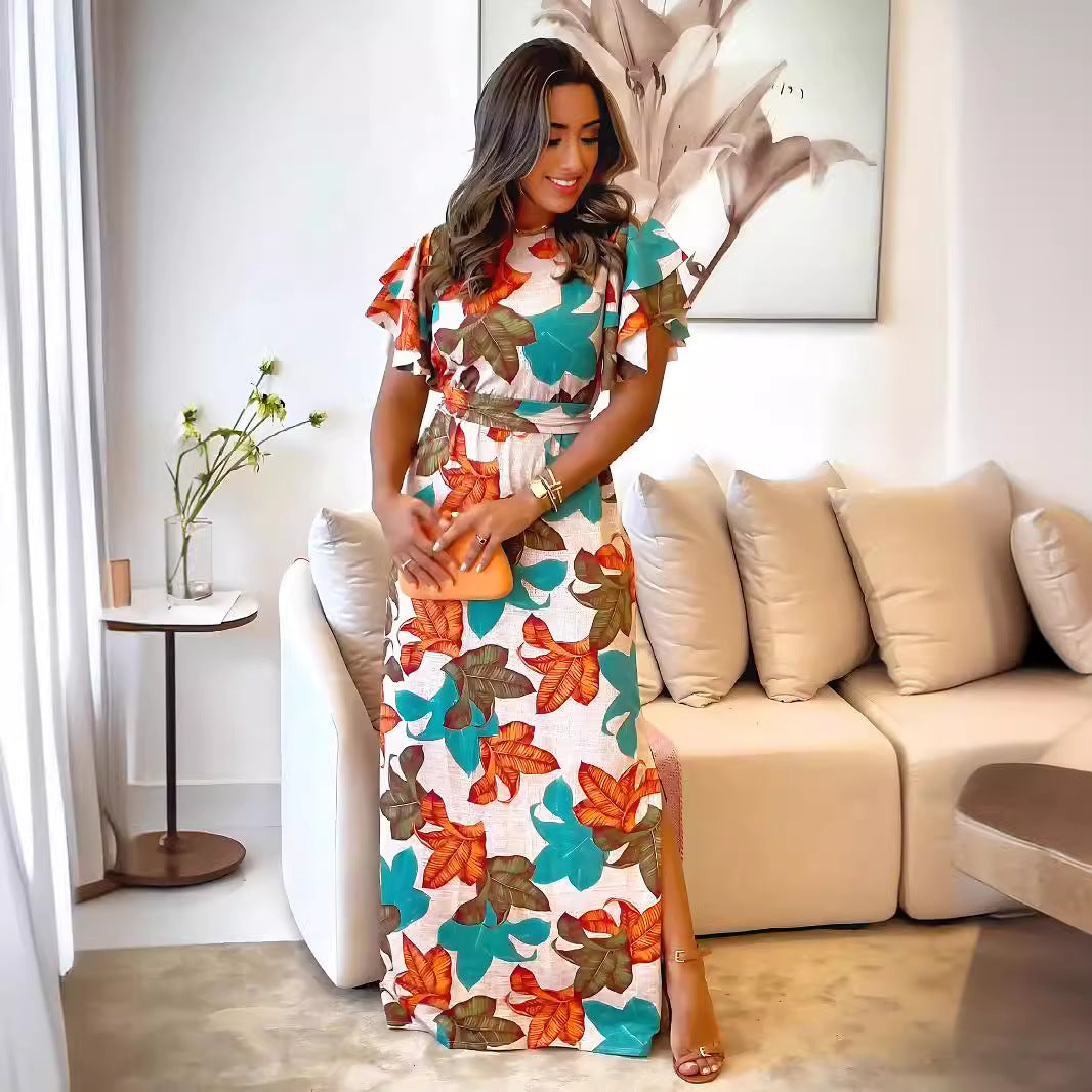 Shop Elegant Round Neck Printed Maxi with Cinched Waist by Malbusaat, versatile  at Malbusaat. Ready-made desi suits, Pakistani designer dresses online UK.