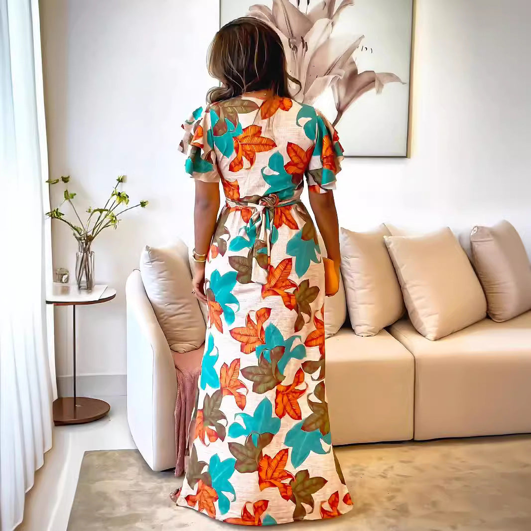 Elegant Round Neck Printed Maxi with Cinched Waist in - by Malbusaat