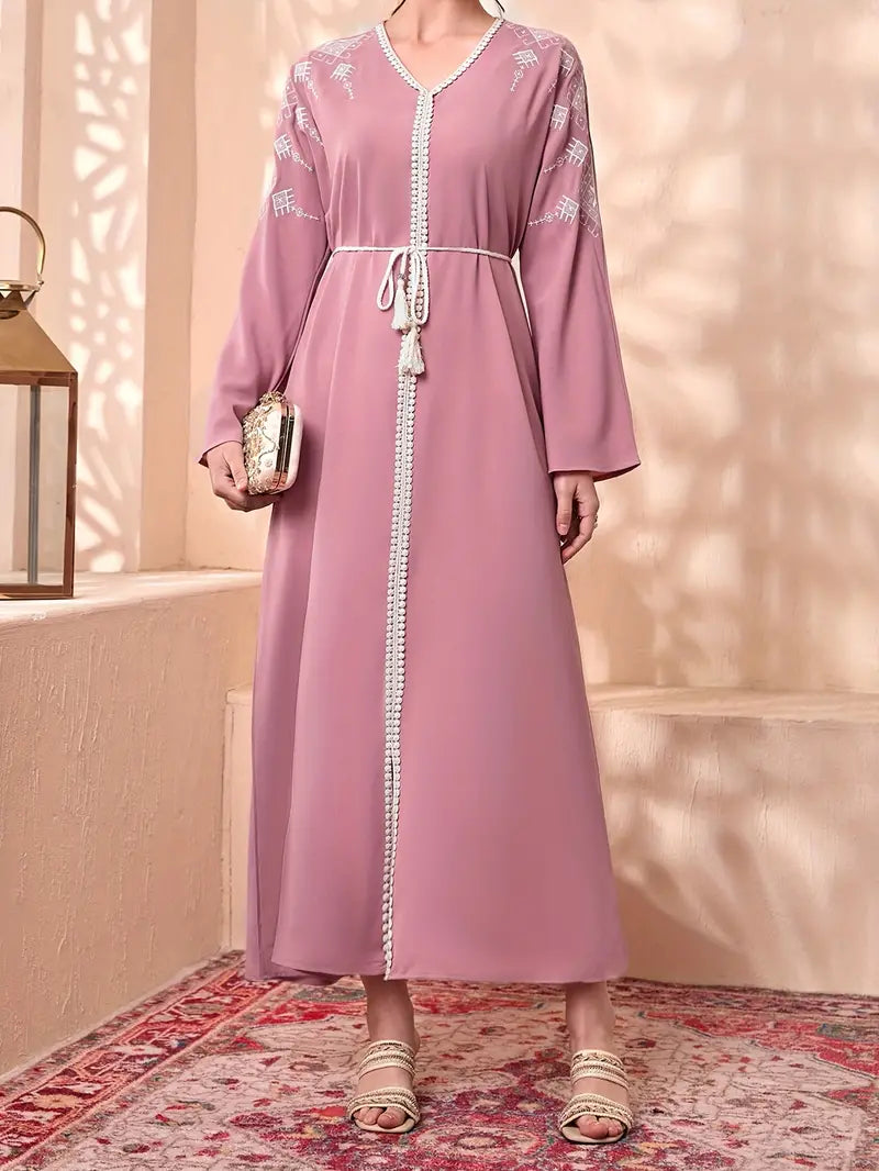 Elegant Tie Waist V-Neck Abaya Maxi Dress in - by Malbusaat