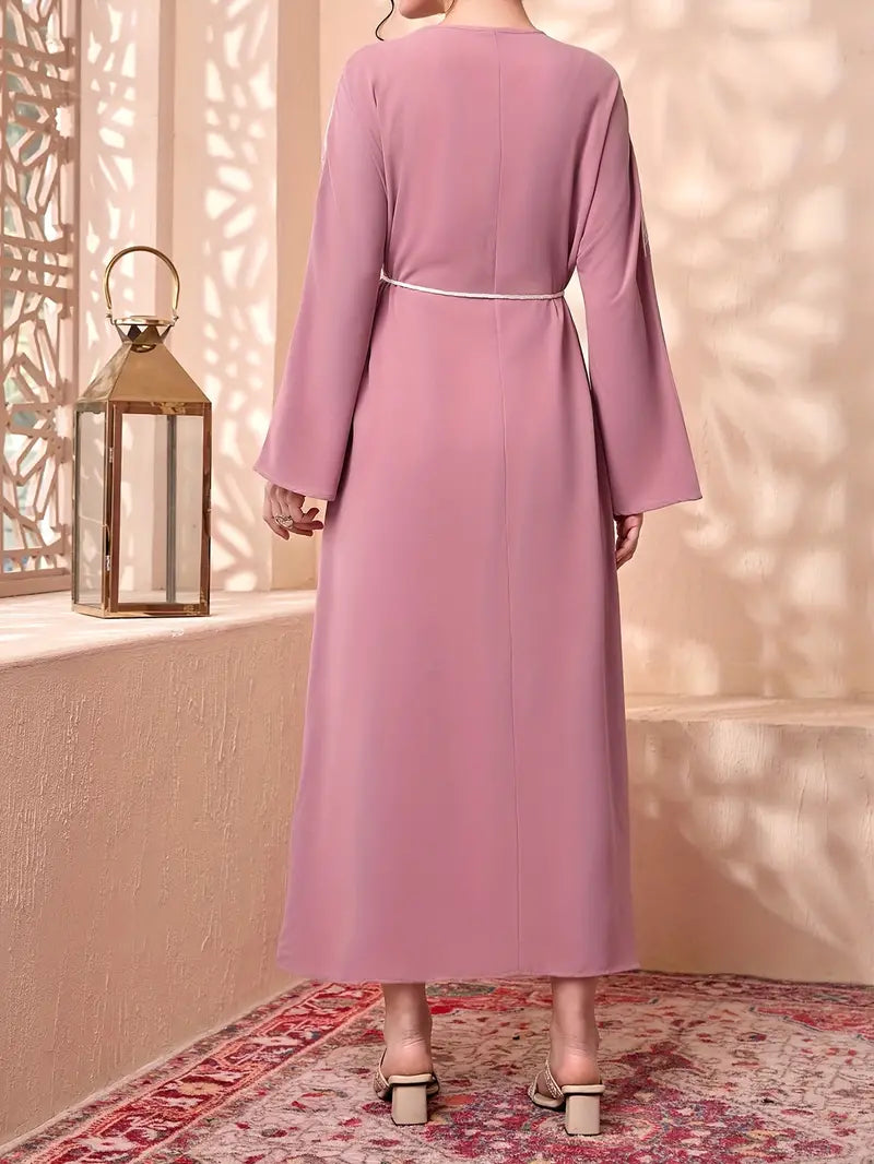 Elegant Tie Waist V-Neck Abaya Maxi Dress in - by Malbusaat