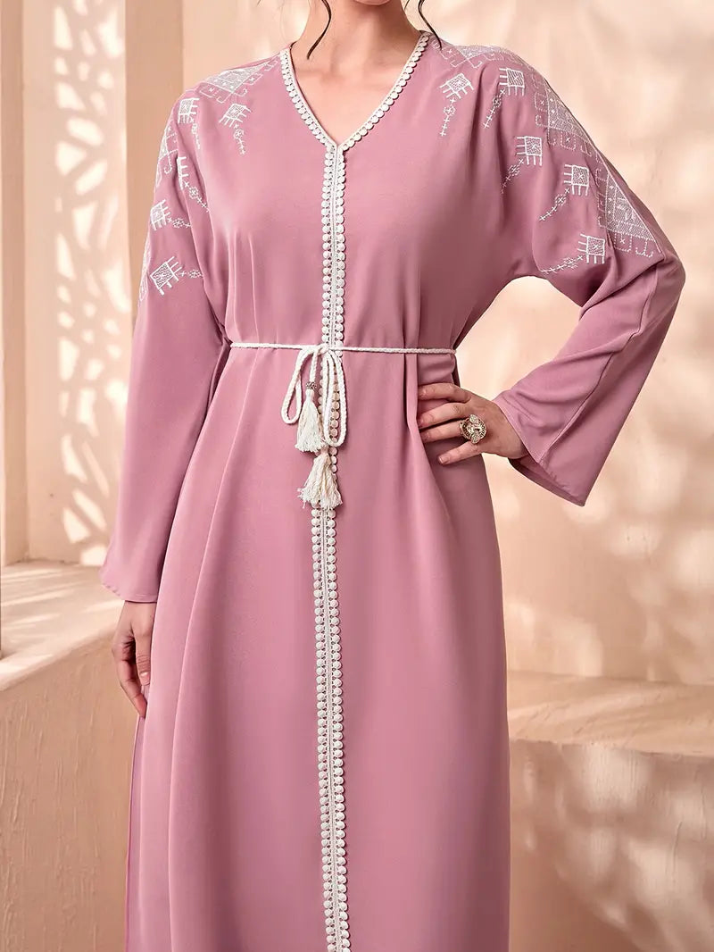 Elegant Tie Waist V-Neck Abaya Maxi Dress in - by Malbusaat