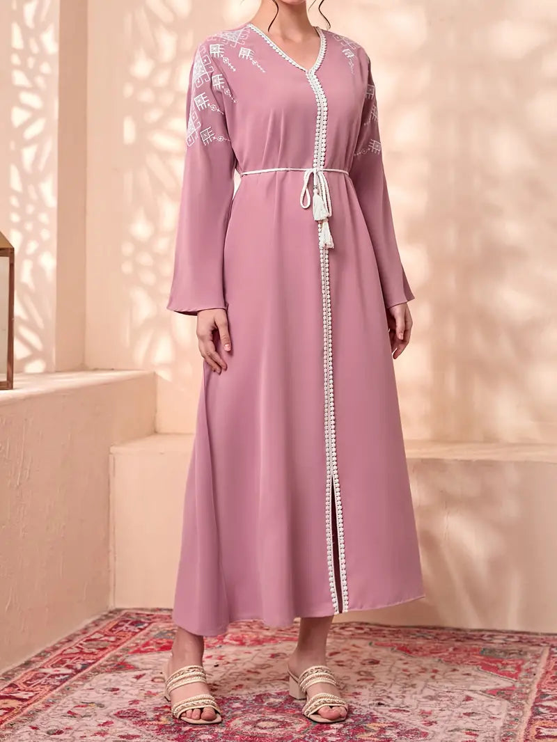 Shop Elegant Tie Waist V-Neck Abaya Maxi Dress by Malbusaat, versatile  at Malbusaat. Ready-made desi suits, Pakistani designer dresses online UK.