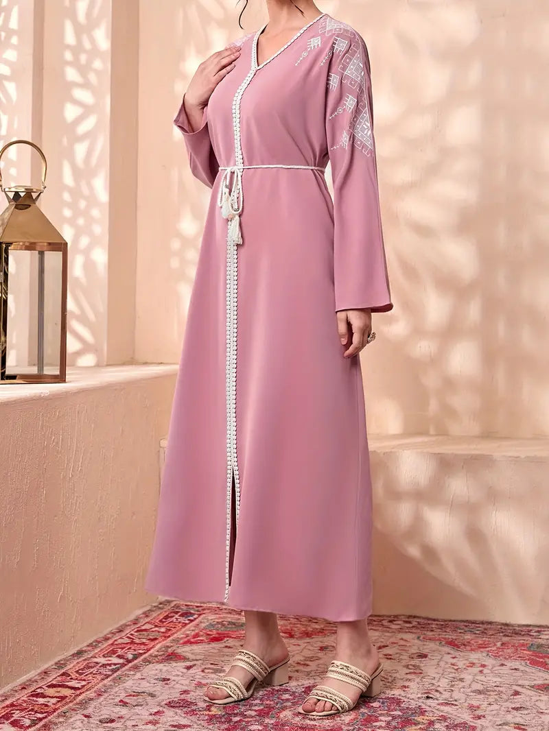 Shop Elegant Tie Waist V-Neck Abaya Maxi Dress by Malbusaat, versatile  at Malbusaat. Ready-made desi suits, Pakistani designer dresses online UK.