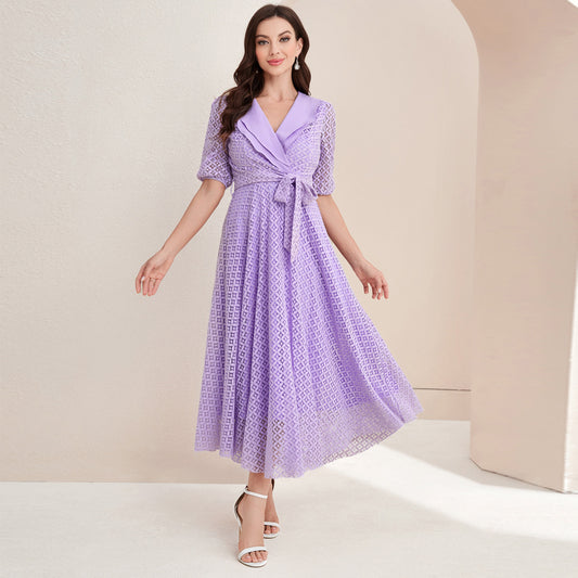 Elegant V-neck Lace Waist Maxi Dress in - by Malbusaat