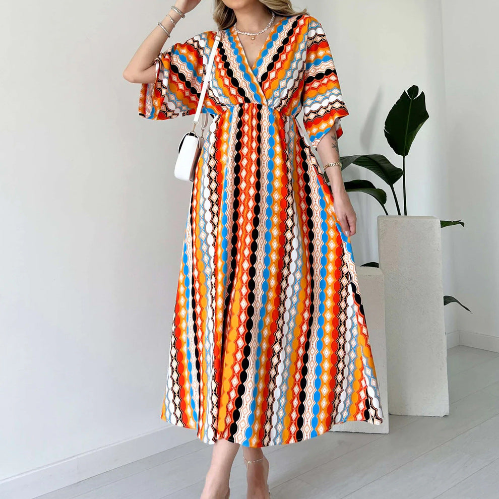 Shop Elegant V Neck Striped Maxi Dress for Vacation by Malbusaat, versatile  at Malbusaat. Ready-made desi suits, Pakistani designer dresses online UK.