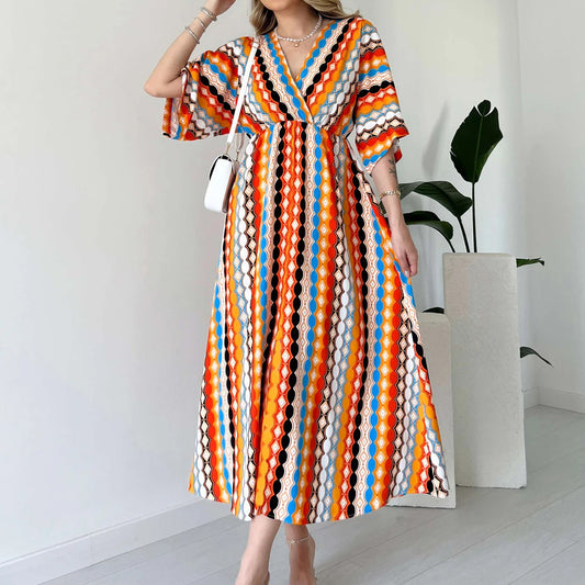 Shop Elegant V Neck Striped Maxi Dress for Vacation by Malbusaat, versatile  at Malbusaat. Ready-made desi suits, Pakistani designer dresses online UK.