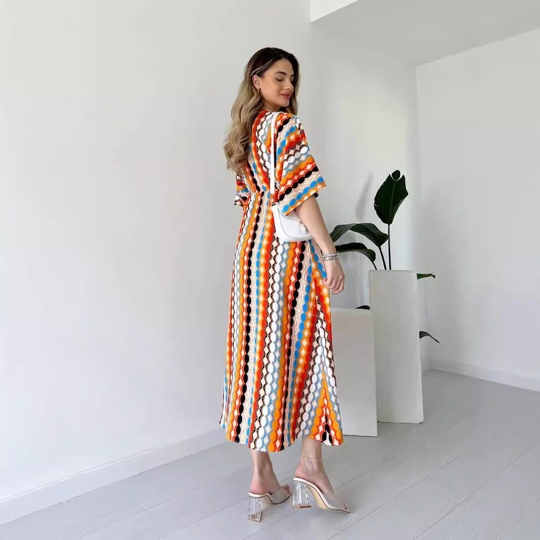 Shop Elegant V Neck Striped Maxi Dress for Vacation by Malbusaat, versatile  at Malbusaat. Ready-made desi suits, Pakistani designer dresses online UK.