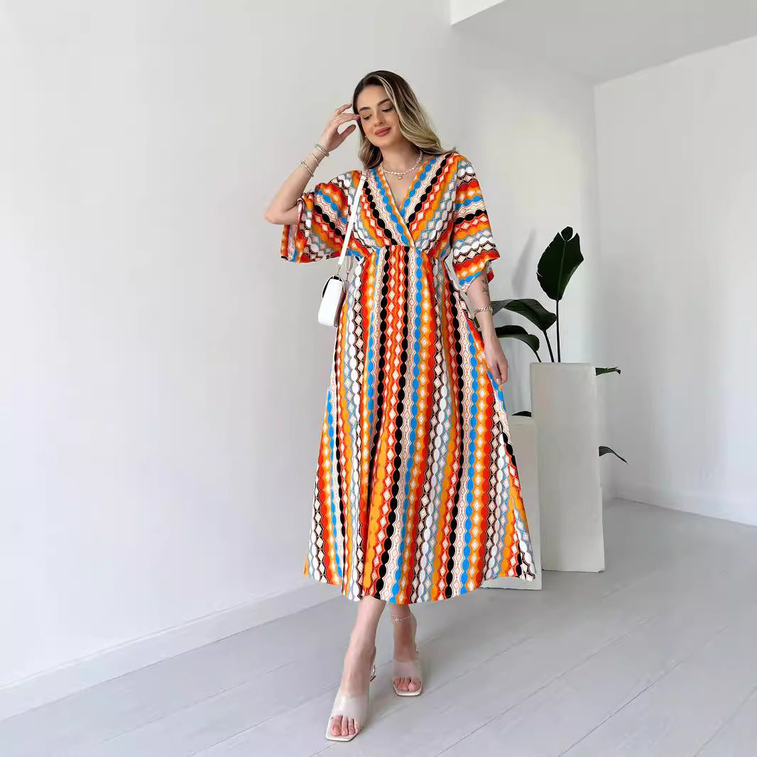 Shop Elegant V Neck Striped Maxi Dress for Vacation by Malbusaat, versatile  at Malbusaat. Ready-made desi suits, Pakistani designer dresses online UK.