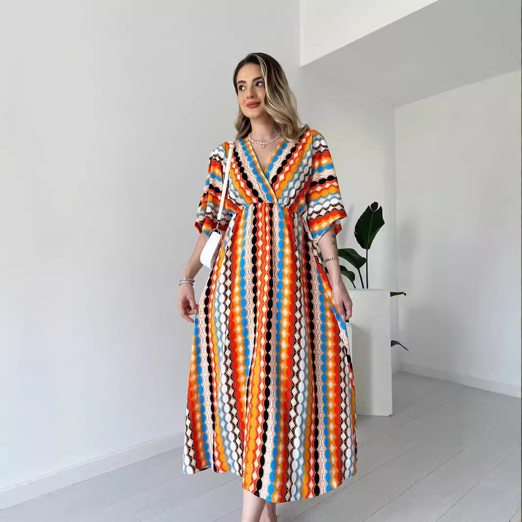 Shop Elegant V Neck Striped Maxi Dress for Vacation by Malbusaat, versatile  at Malbusaat. Ready-made desi suits, Pakistani designer dresses online UK.