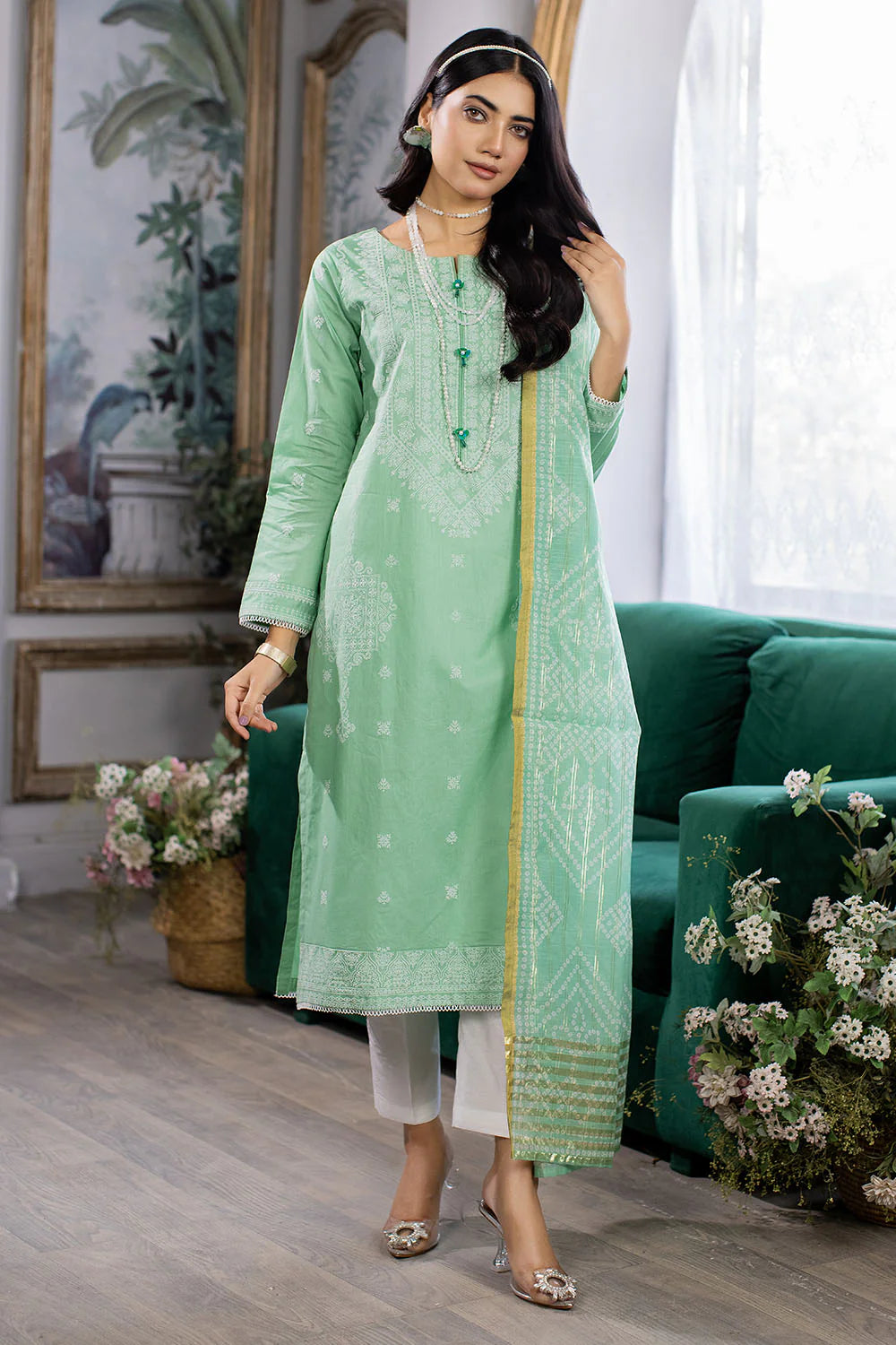 Shop Emboss Printed Lawn 3 Pc Suit by Malbusaat, versatile Pakistani Dress at Malbusaat. Ready-made desi suits, Pakistani designer dresses online UK.