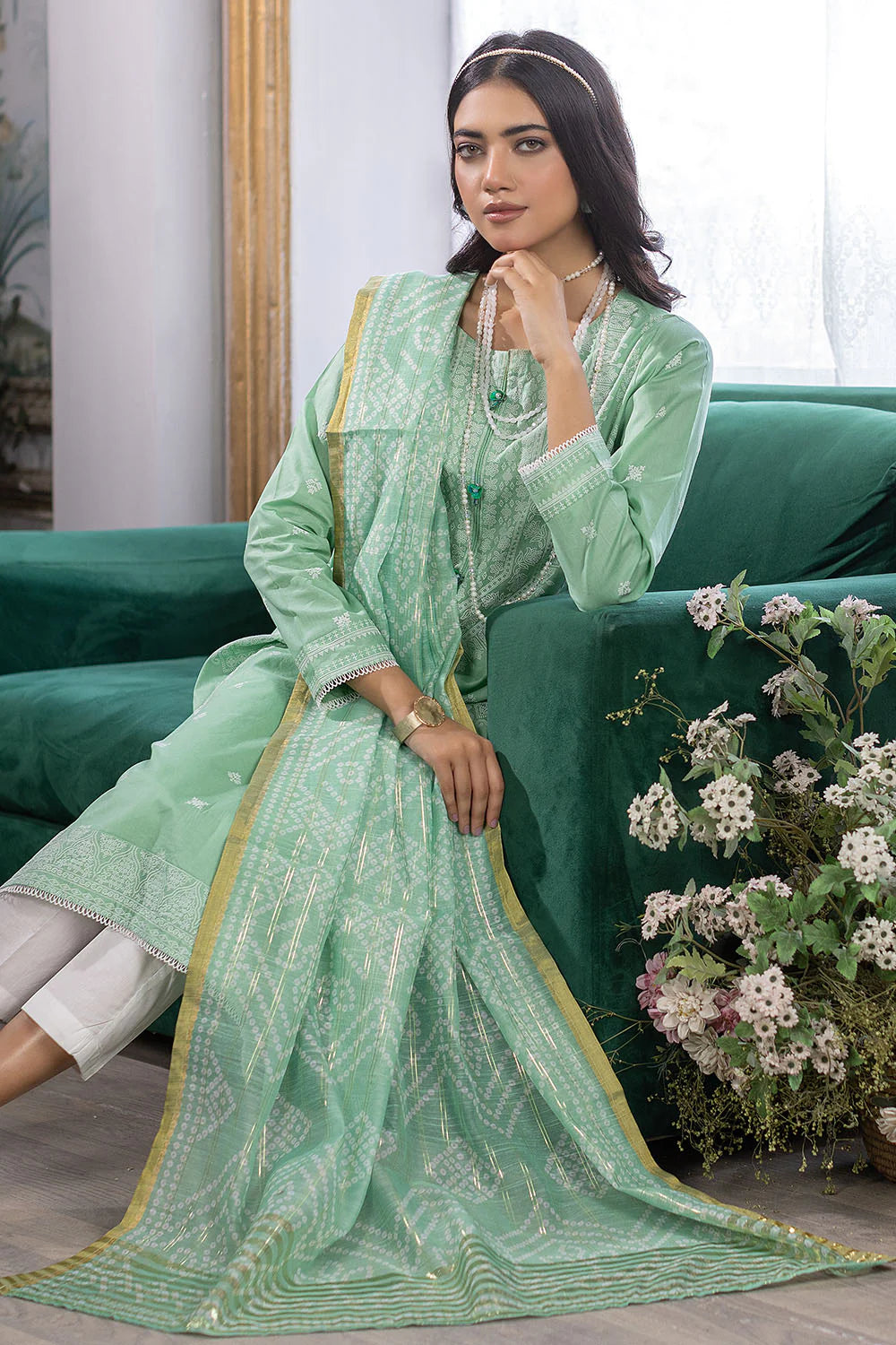 Shop Emboss Printed Lawn 3 Pc Suit by Malbusaat, versatile Pakistani Dress at Malbusaat. Ready-made desi suits, Pakistani designer dresses online UK.